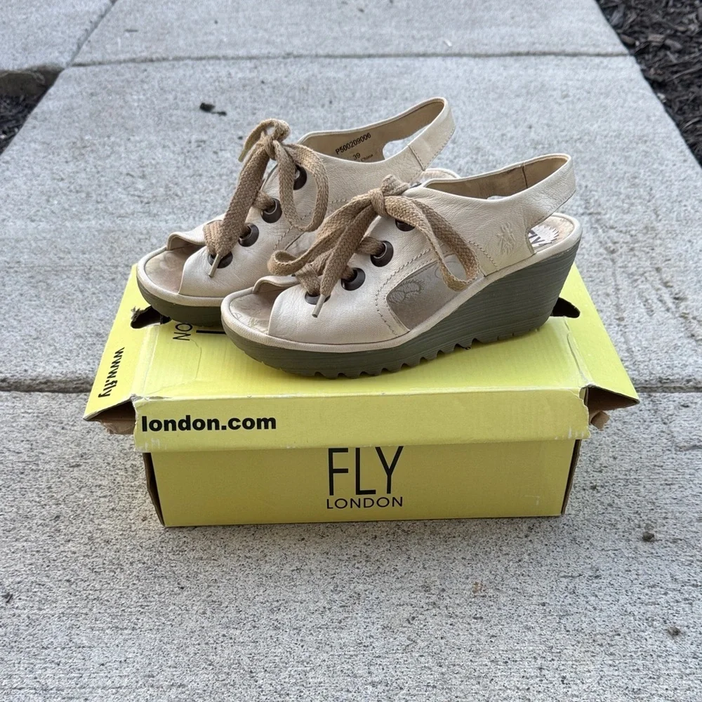 Fly London Cream Wedge Sandals